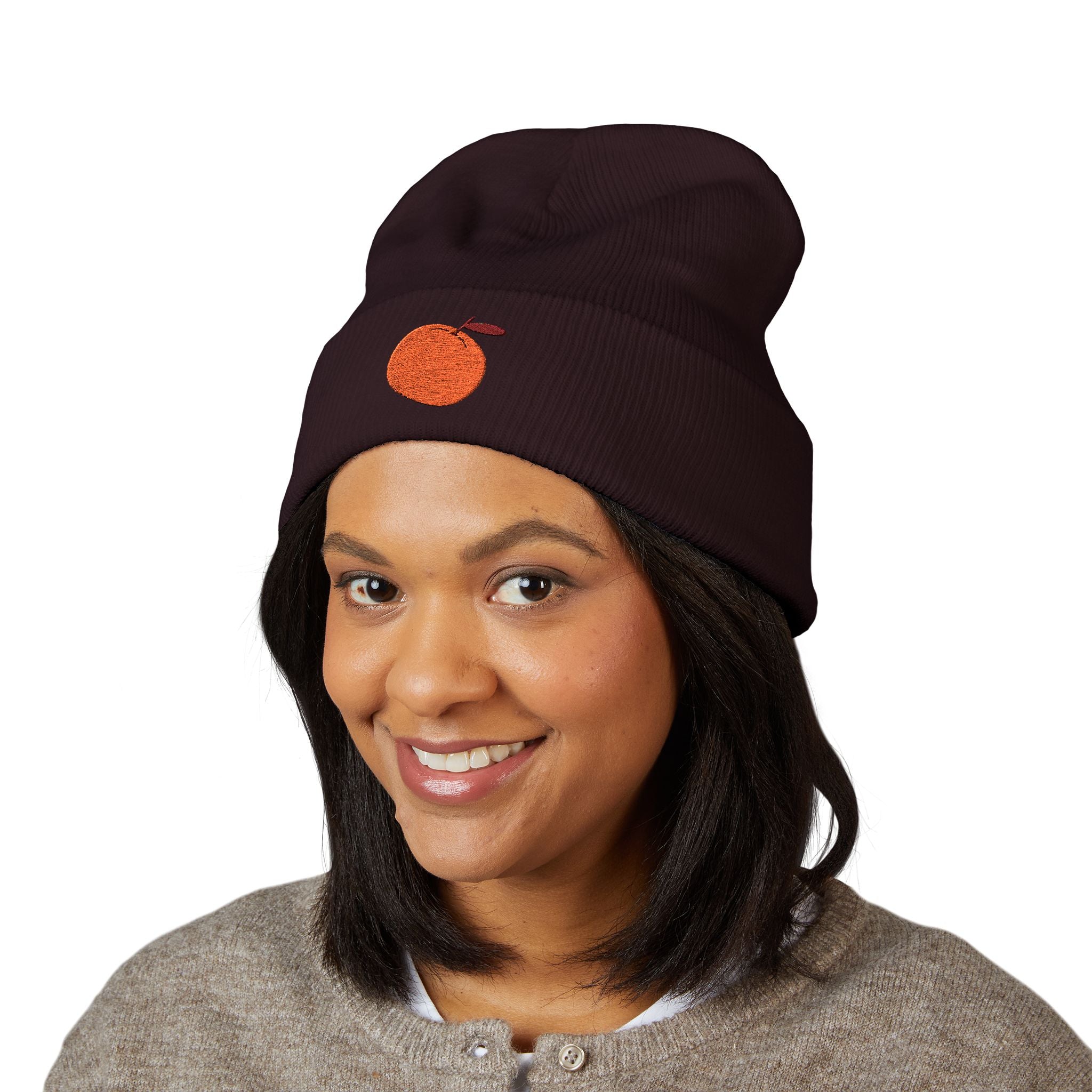 Clementine Embroidered Classic Cuffed Beanie with Orange Design - Cozy Winter Accessory