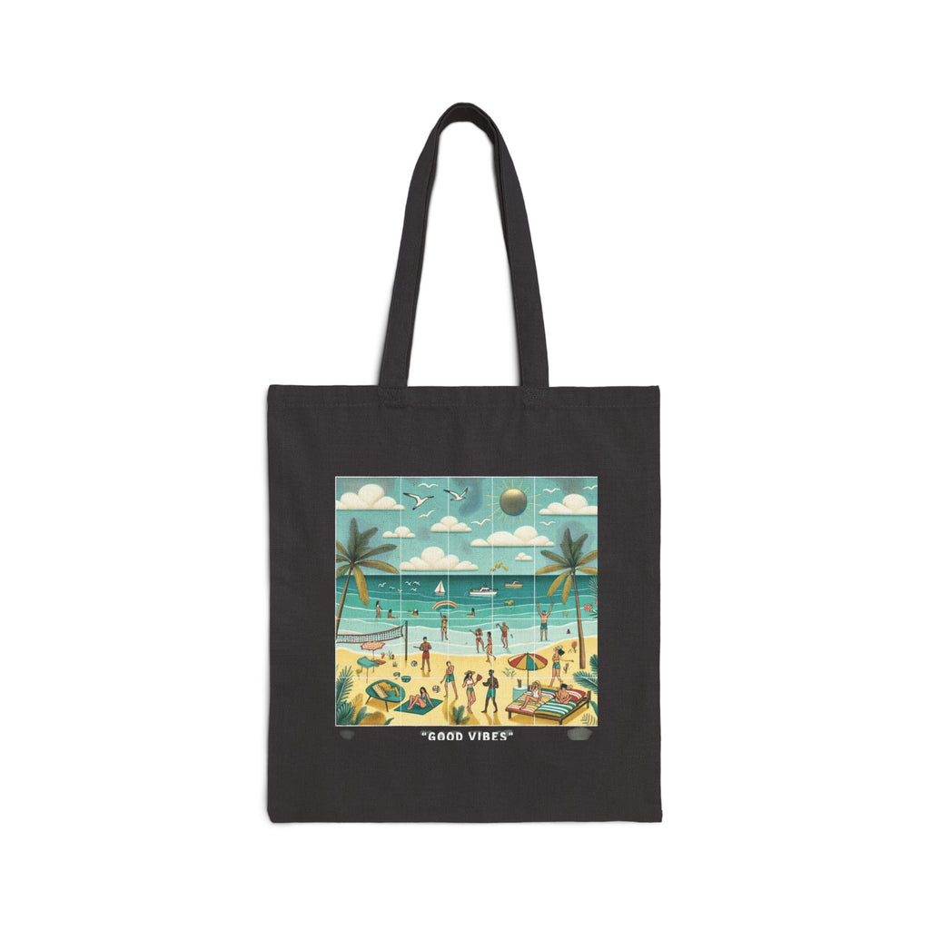 Beach Vibes Cotton Canvas Tote Bag - Floral and Seaside Design for Summer Adventures