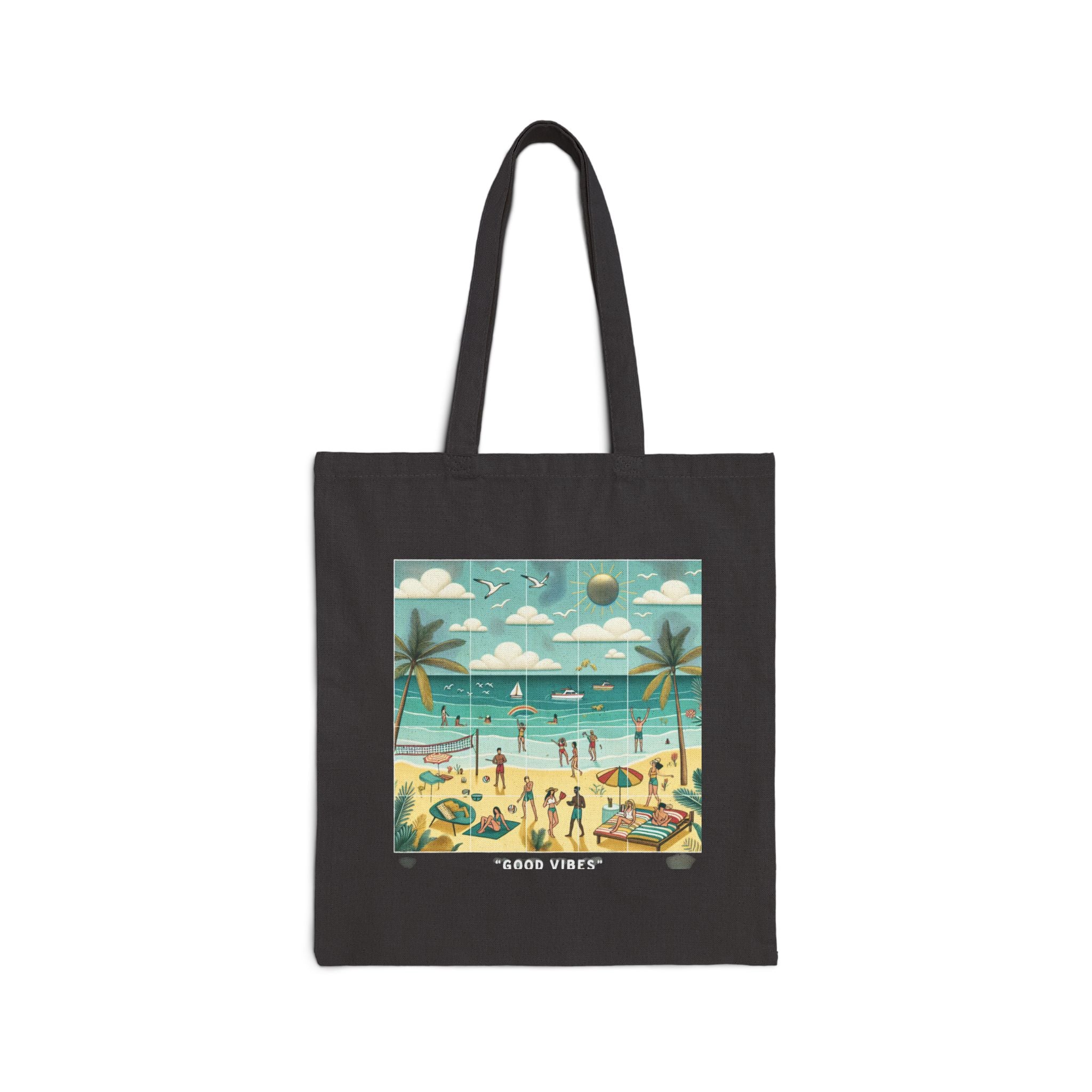Beach Vibes Cotton Canvas Tote Bag - Floral and Seaside Design for Summer Adventures