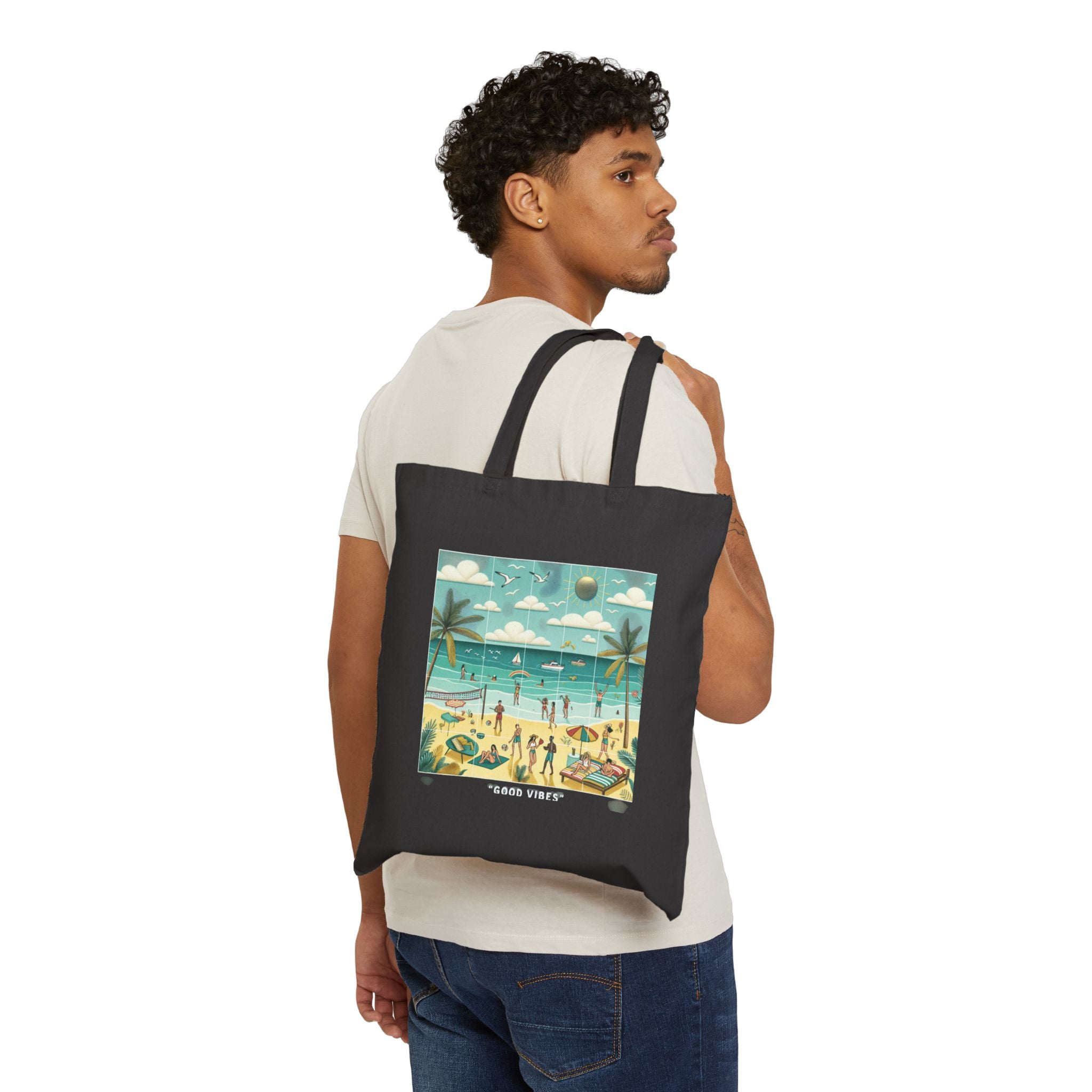 Beach Vibes Cotton Canvas Tote Bag - Floral and Seaside Design for Summer Adventures