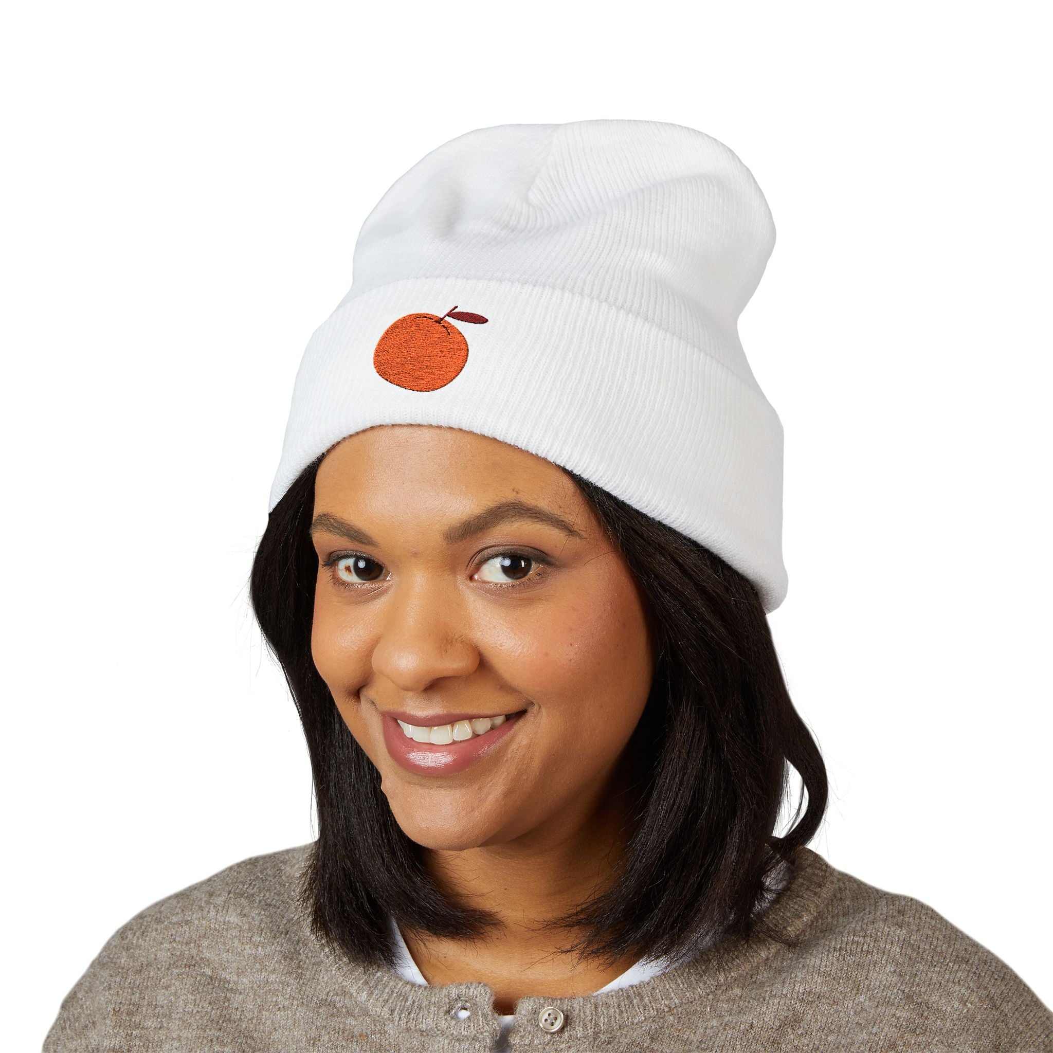Clementine Embroidered Classic Cuffed Beanie with Orange Design - Cozy Winter Accessory