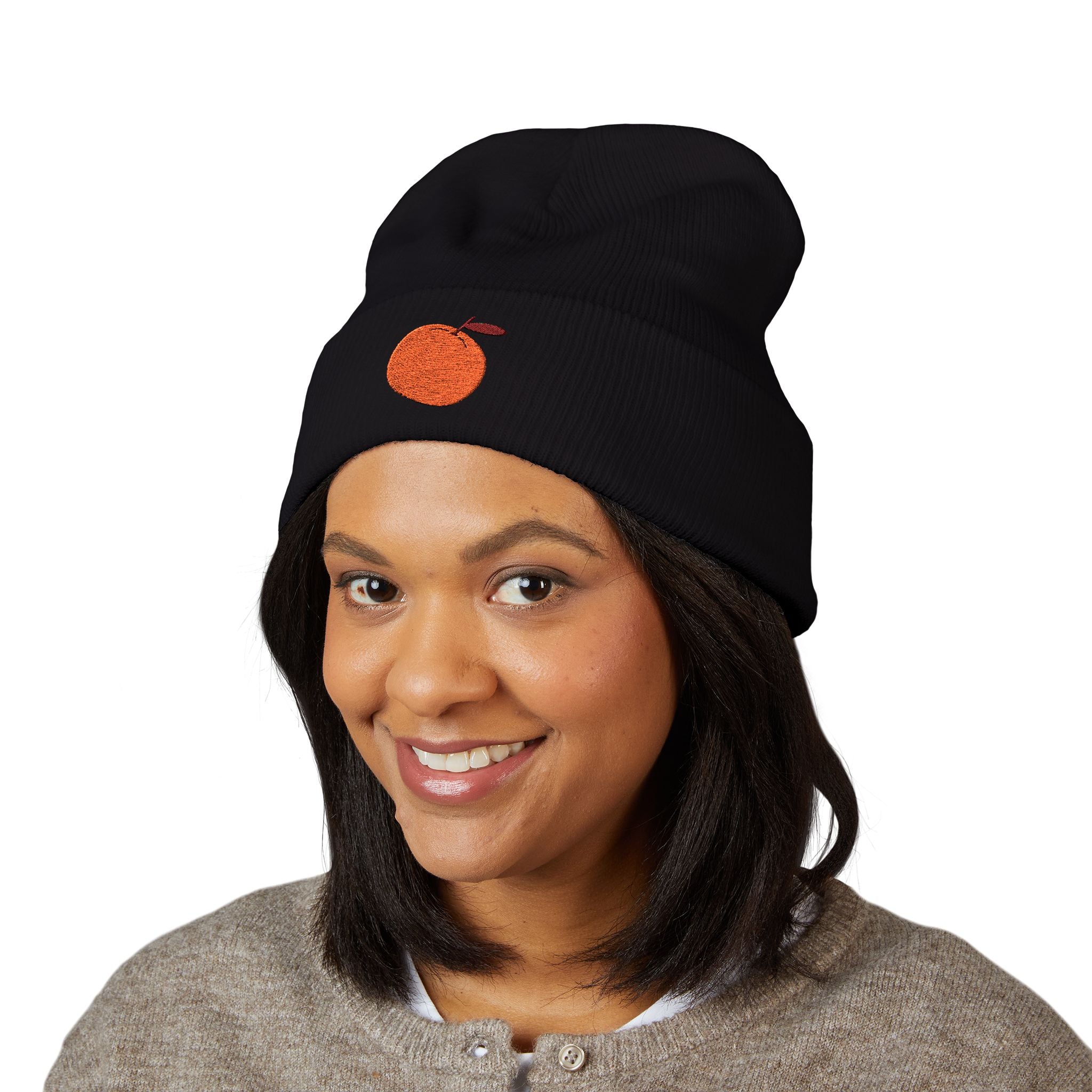 Clementine Embroidered Classic Cuffed Beanie with Orange Design - Cozy Winter Accessory