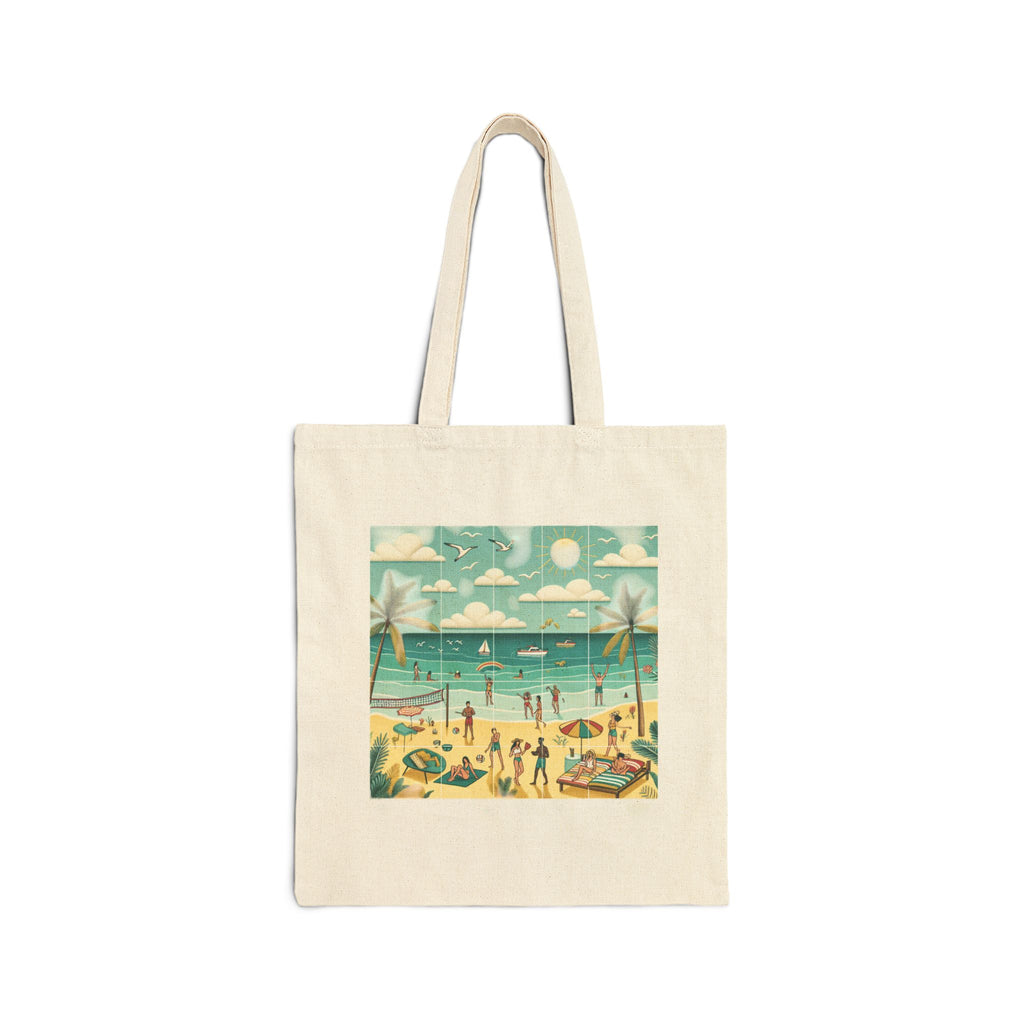 Beach Vibes Cotton Canvas Tote Bag - Floral and Seaside Design for Summer Adventures
