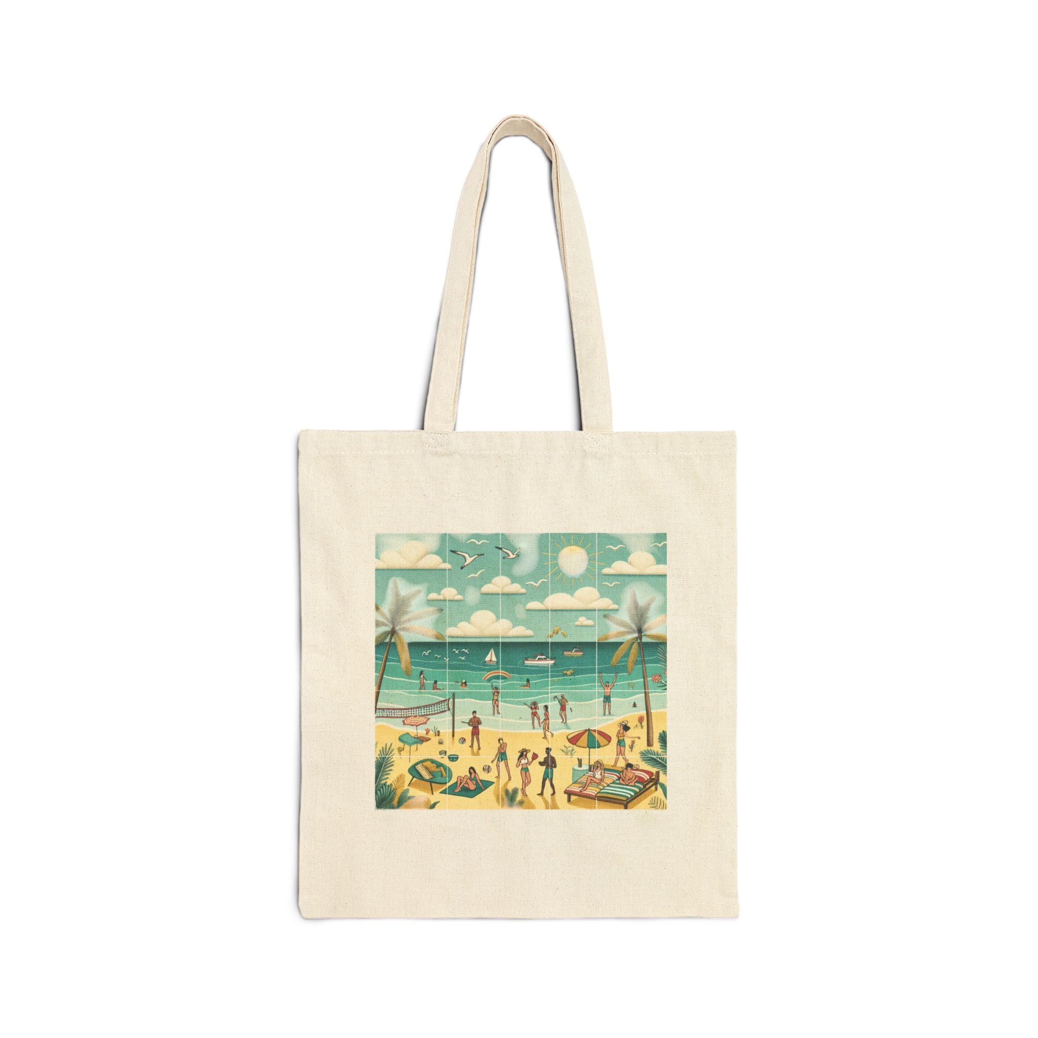 Beach Vibes Cotton Canvas Tote Bag - Floral and Seaside Design for Summer Adventures