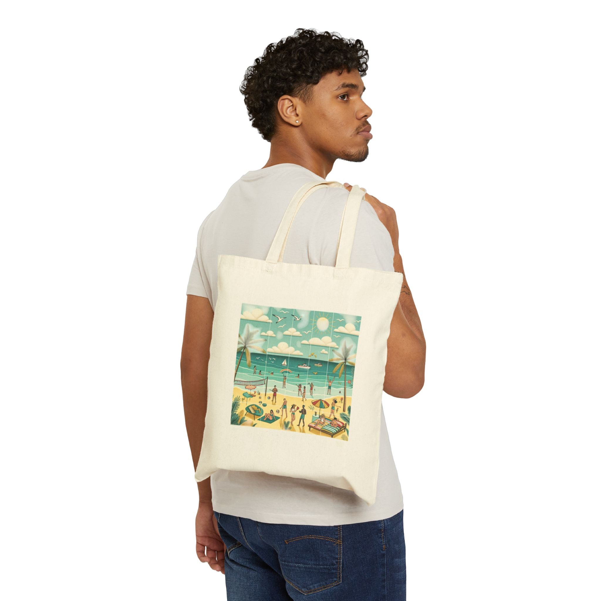 Beach Vibes Cotton Canvas Tote Bag - Floral and Seaside Design for Summer Adventures