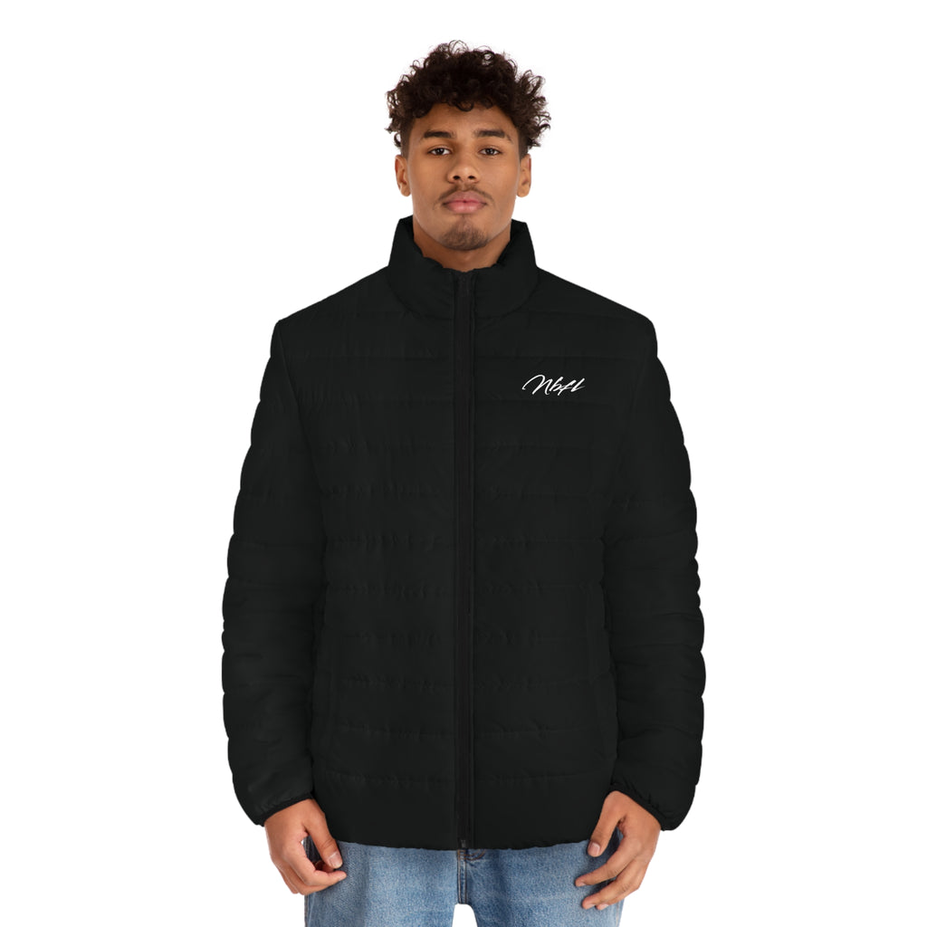 Nbfl Men's Black Puffer Jacket — Minimal Script 'West' Chest Embroidery, Lightweight Warm Coat